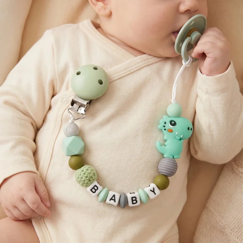 Mittsboy Personalized Pacifier Clip Custom Name Silicone Baby Teether Chain Dinosaur Dummy Holder BPA Free Baby Shower Gift