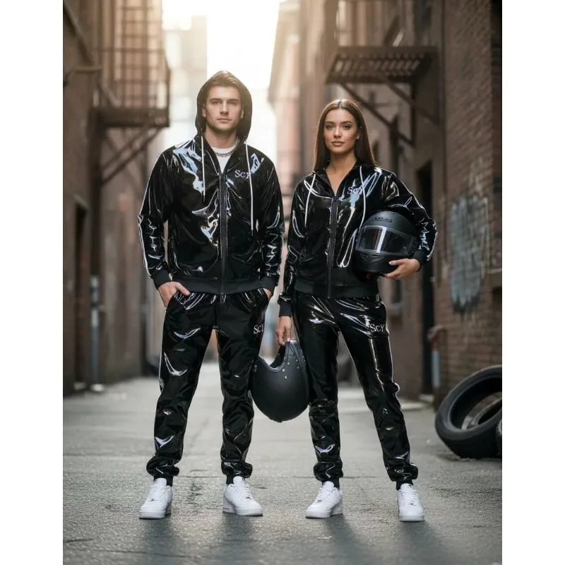 

Мужской и женский спортивный костюм из искусственной кожи 2026: худи и брюки для отдыха и спорта, яркий кожаный спортивный костюм