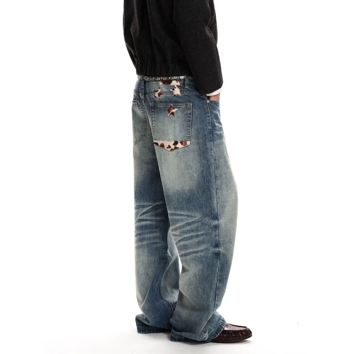Men's Patchwork Design Retro Jeans Casual Pants 90s Street Boys Bottom Wide Legs Sweatpants Male High Waist Unisex Trousers