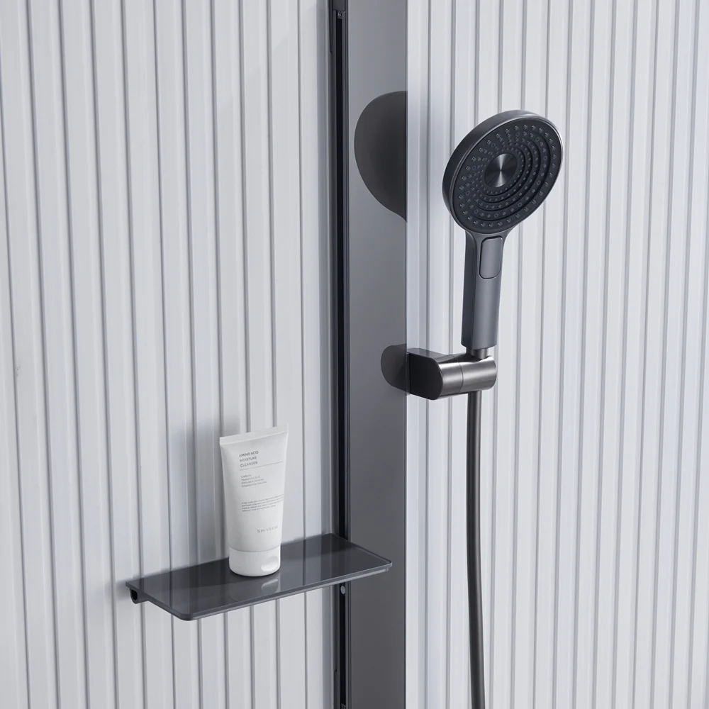Matte Black Thermostatic Shower Faucets Sets Digital Display Three Functions Bathroom Waterfall Round Shower System