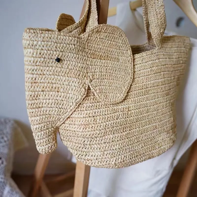 Lafite Grass Crochet Hand Woven Elephant Bag Vacation Beach Women\'s Shoulder Bag Summer Grass New Large Capacity Women\'s Bags