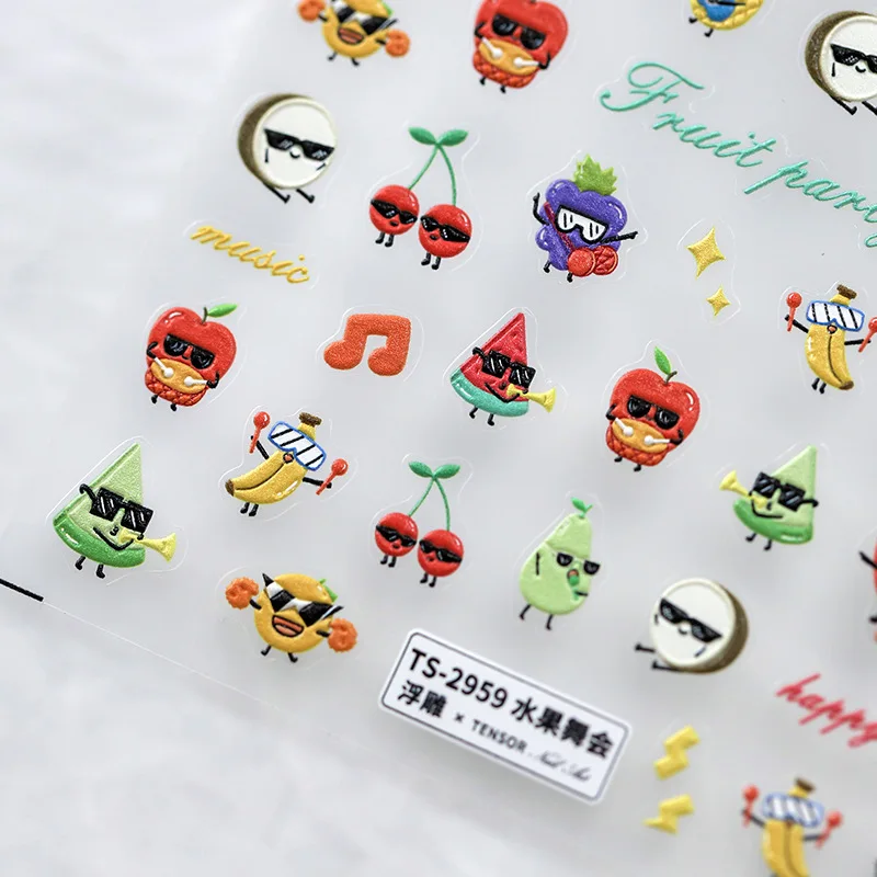 5D Realistic Relief Various Funny Cartoon Sunglasses Fruit Dancing Music Party Adhesive Nail Art Stickers Decals Manicure Charms