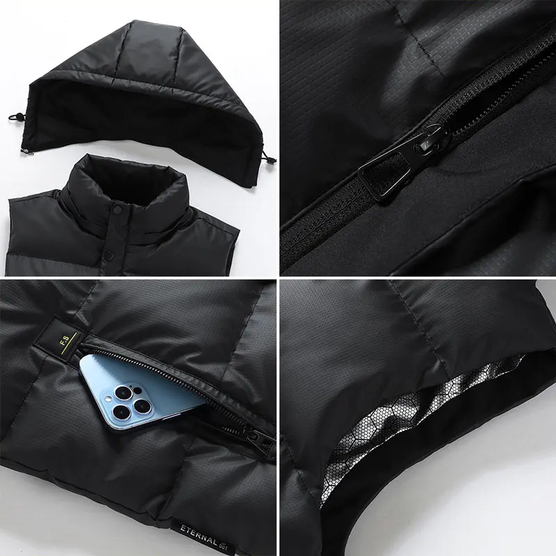 Esporte correndo colete quente dos homens ao ar livre à prova de vento quente removível chapéu masculino com capuz outono inverno sem mangas jaqueta confortável colete quente