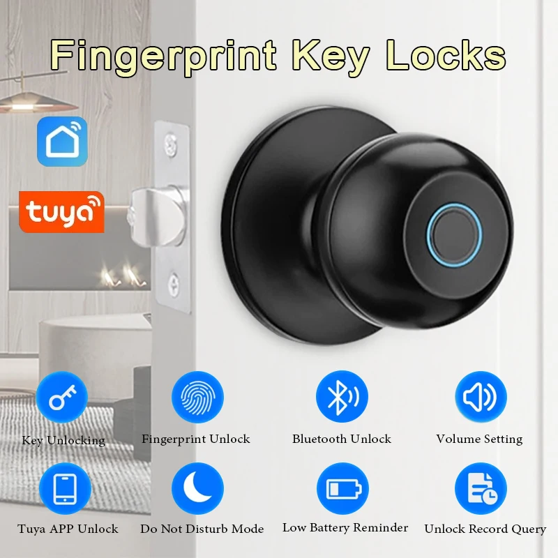 Tuya App Smart Ball Lock Fingerprint & Key & App Unlock USB Charge Bluetooth Electronic Door Lock Home Security Door Entry
