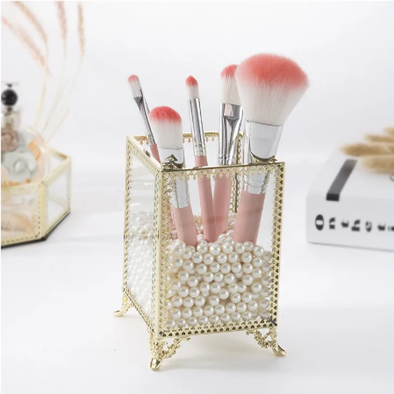 Glass Makeup Brush Box Holder Jewelry Box Pencil Bucket Makeup Organizer Desktop Cosmetic Storage Box Pearls Barrel  ZM827