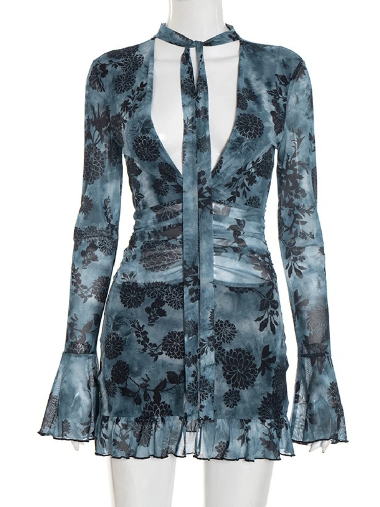 SsTss Новое женское мини-платье с принтом в сетку, сексуальное вечернее платье с глубоким v-образным вырезом и длинными рукавами, рюшами и высокой талией, облегающее вечернее платье с рюшами по подолу, наряды