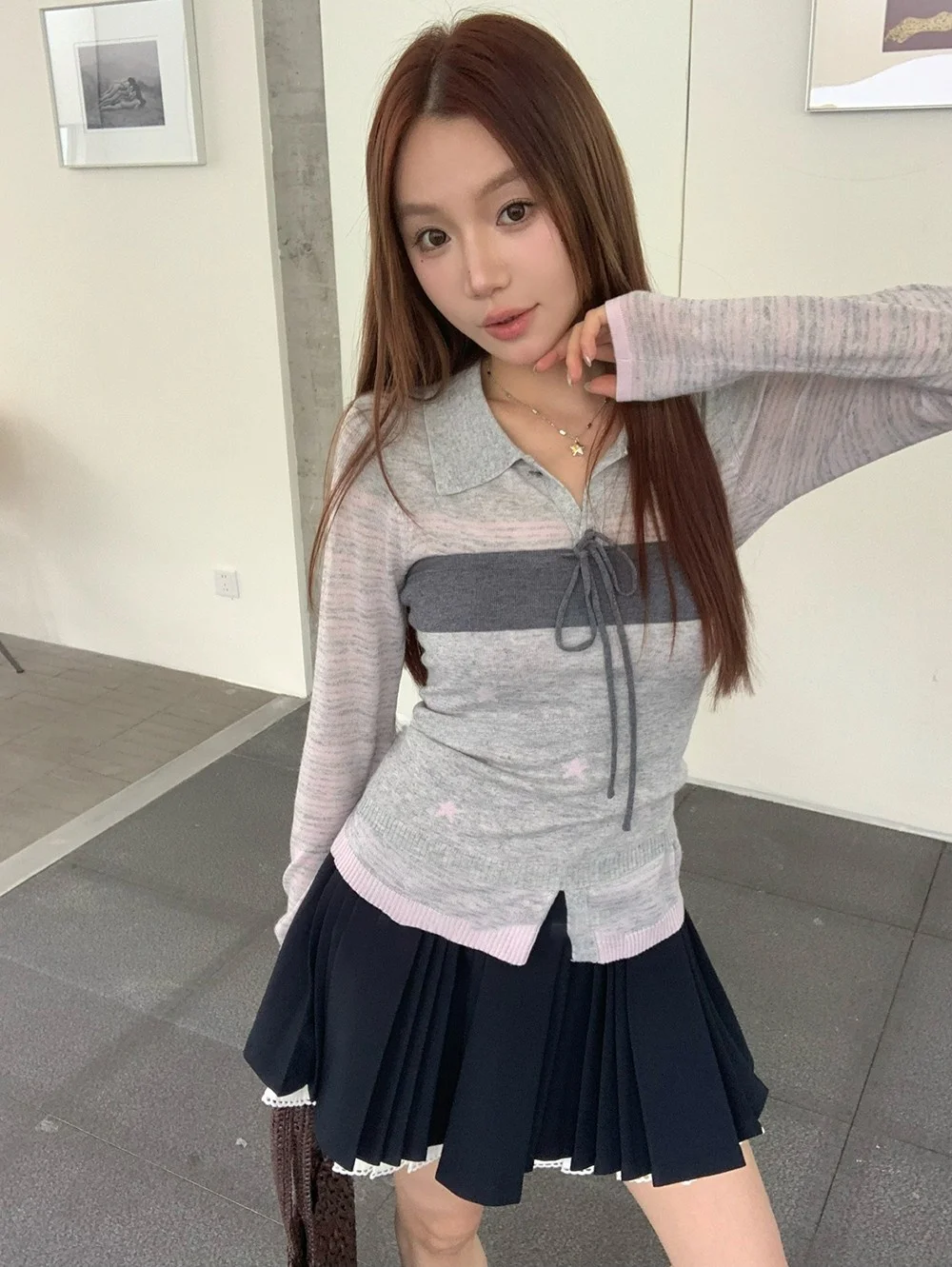 

Korean Sle Slim Fit Knitted Crop Top And Vest Set Thin Striped Color Blo Long Sve Knitted Cardigan Women's Faion