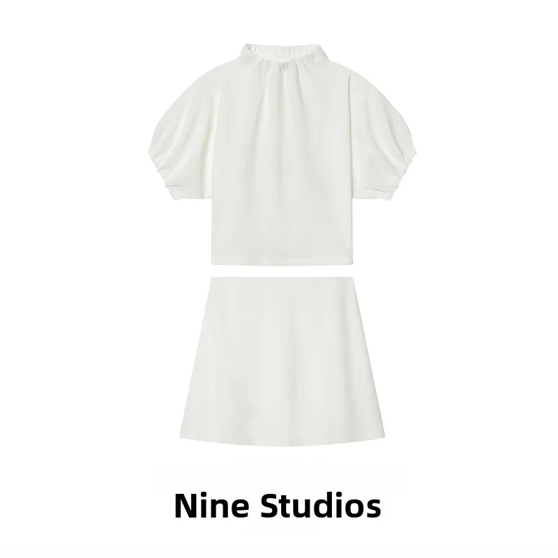 

NINE ZAR Women's Fashion Set Short Sleeve Knitted Skirt Pleated Design Spring Season Two-Piece Ensemble