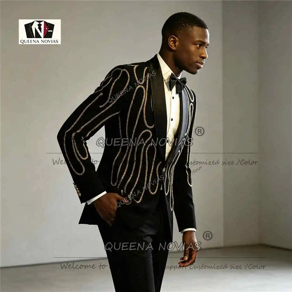 Luxury Groom Suit For Wedding 2-Piece Set Shawl Lapel Prom Blazer Pants Customized Gold Rhinestone Design Man Banquet Tuxedo