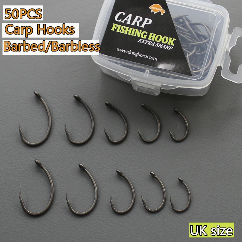 

50PCS PTFE Coating High Carbon Stainless Steel Barbed Barbless hooks Carp Fishing Hooks Pack with Retail Original Box 2 4 6 8