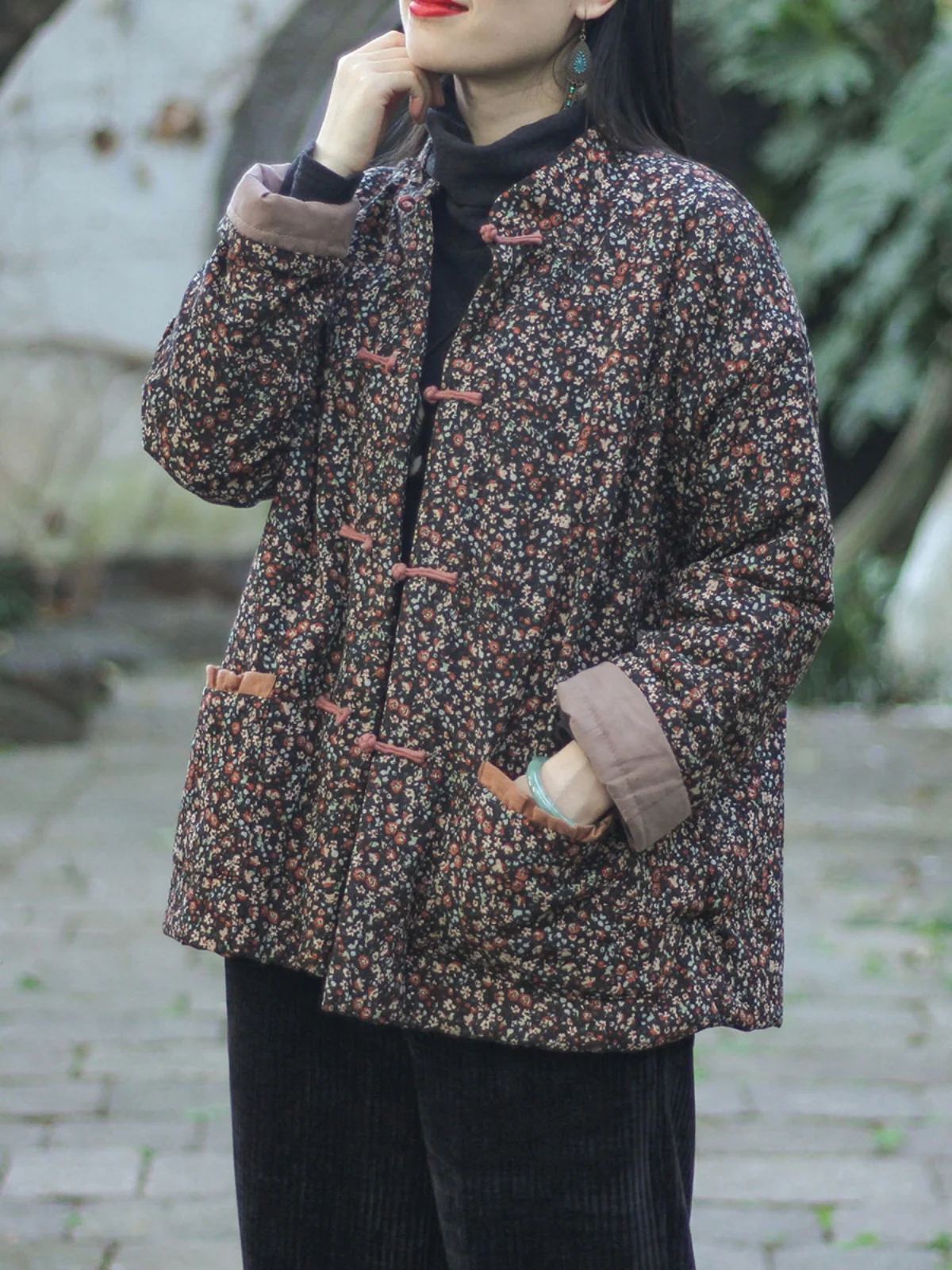 

Thiened Cotton Jaet Women's ort Loose Cotton Coat with Button Floral Print Commute Sle Stand Collar Long Sve Coat