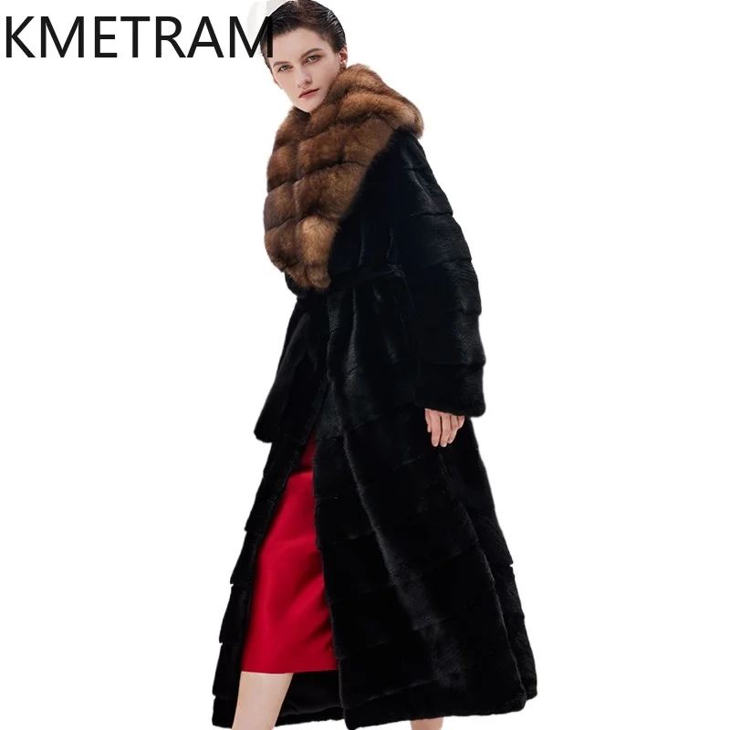 100% Natural Mink Fur Jacket Woman High Quality Long Real Fur Coat Sable Collar Winter Coats Women Clothing 2025 шуба женская
