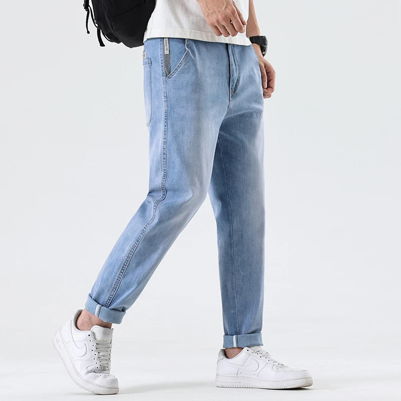 

Мужские прямые джинсы, эластичные длинные брюки Harlan, лето 2024, модная брендовая одежда в стиле High Street, износостойкая трикотажная ткань из смесового хлопка