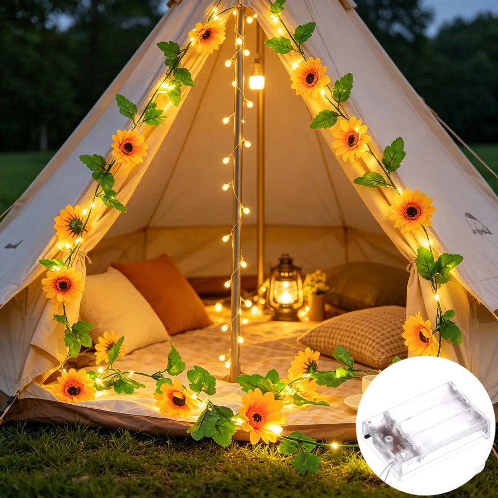 Fake Plants Garden Light Battery Box LED Sunflower String Lights Outdoor Halloween Wedding Holiday Artificial Plants Garland