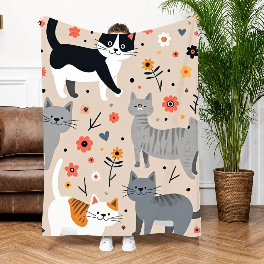 1pc Warm Premium Flannel Blanket with Whimsical Cartoon Cat And Floral Doodle Pattern, Soft Beige Decorative Throw for All Seasons, 280GSM Gift Ready Perfect As Home Decoration & Holiday Gift Choice
