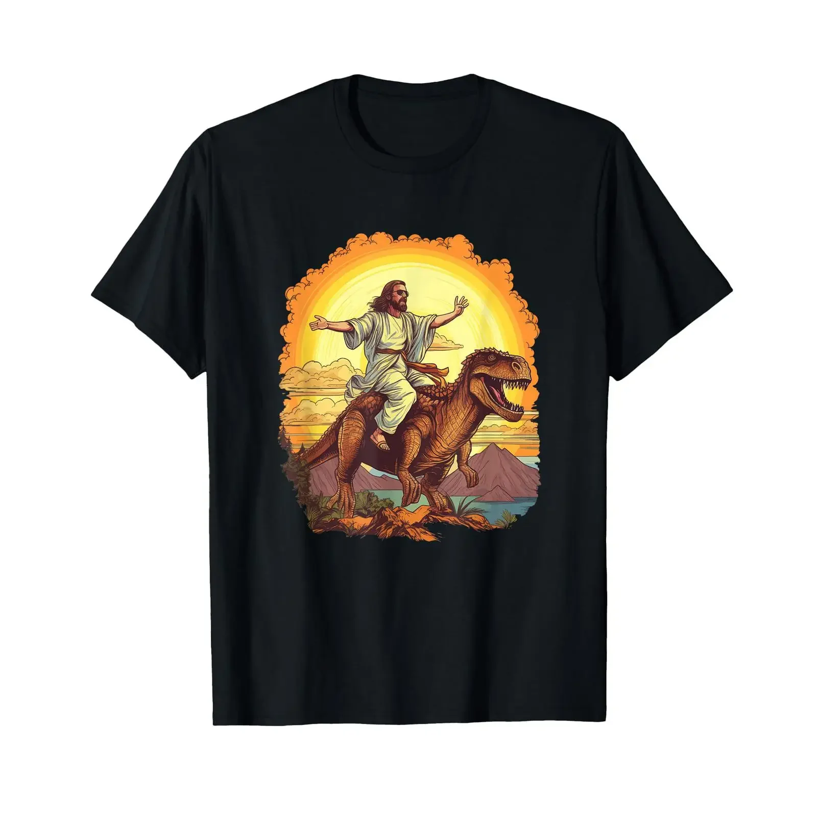 Funny Jesus Riding T Rex Dinosaur Meme Parody for Believers Shirt black vintage Washed designer clothes homme Casual Stylish