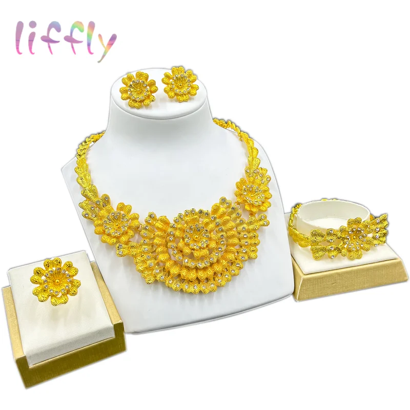 

Liffly Flower Necklace Earring Set Fashion Women Layered Jewelry Party Bracelet Ring Jewelry and Accessories Exquisite Gift