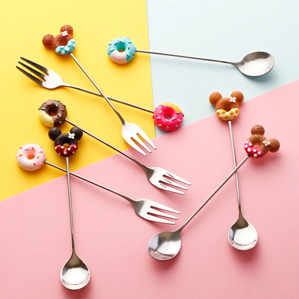 Stainless Steel Doughnut Spoon Fork Coffee Cake Dessert Tea Ice Cream Cartoon Teaspoon Stirring Candy Cute Kids Dinnerware