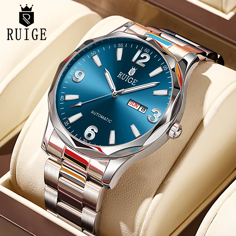 RUIGE   Stainless steel watch chain with luminous automatic mechanical watch, fashionable and trendy casual gift for men