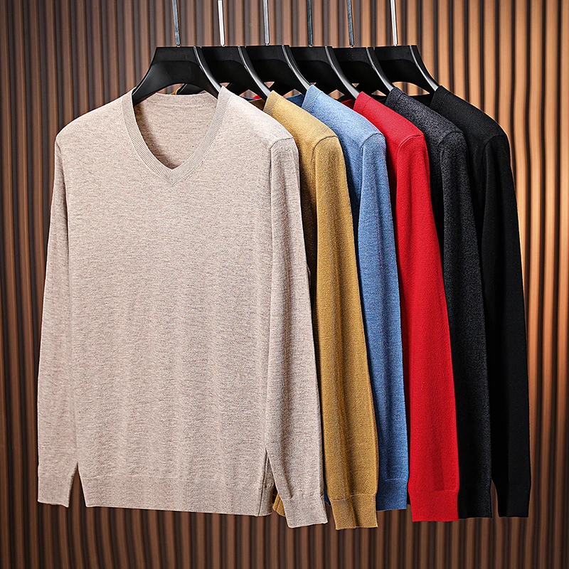 メンズ羊毛混紡ベーシックTシャツ 2025年秋 カジュアルVネック薄手ニットTシャツ 長袖男性用ウール混紡セータープルオーバートップス