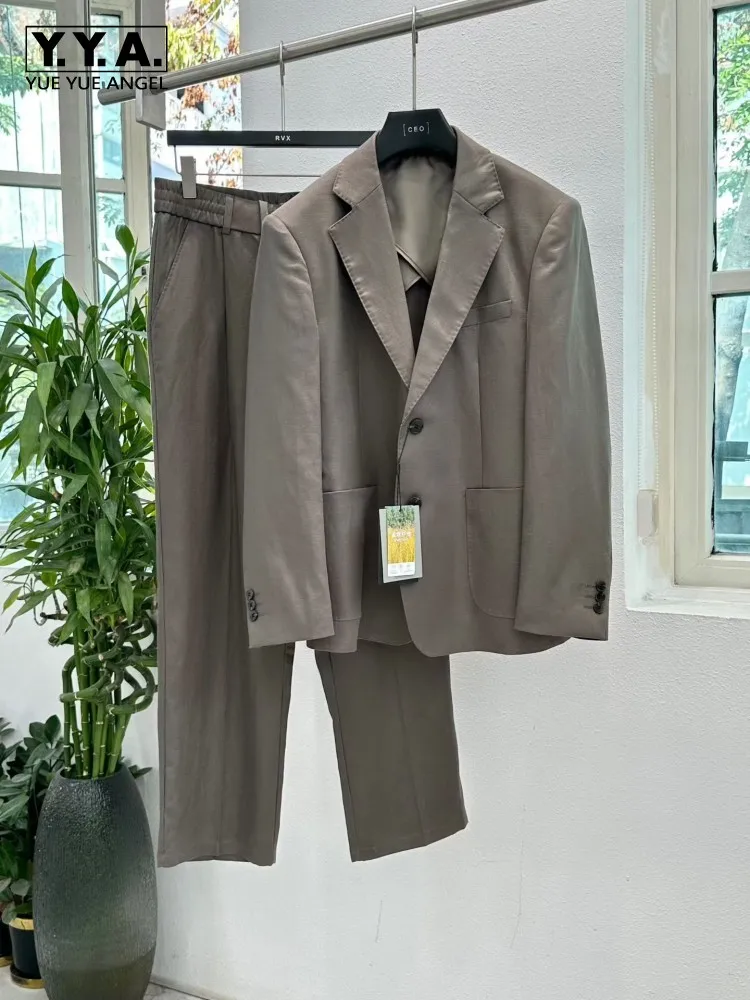 Spring Mens Suits Sets Breathable Business Casual Thin Style Loose Fit Blazers Pants Two Piece Set Office Work Matching Outfit