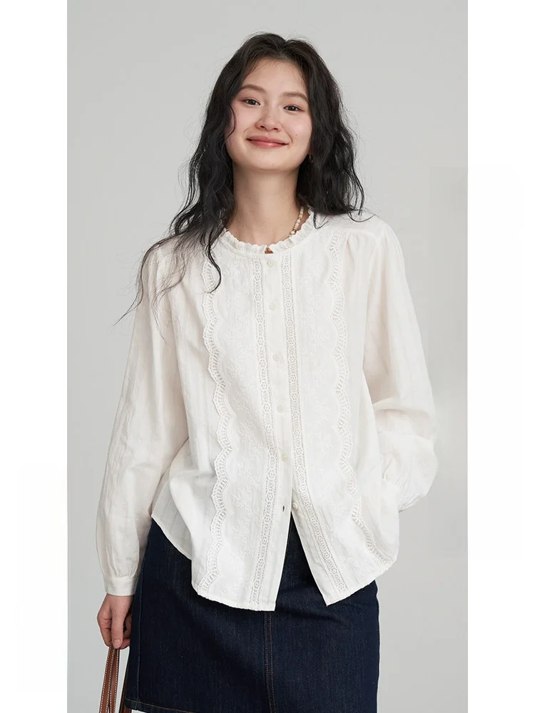 

Dwind2025 Women's Loose Long Sve irt round Ne Floral Embroidery Fabric Cotton Commute Sle Autumn New Arrival