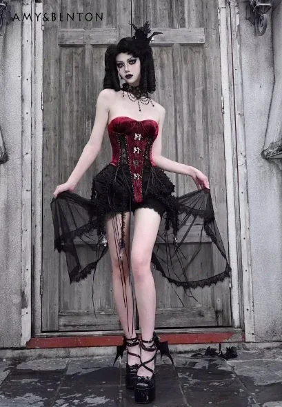 Blood Supply Original Gothic Fishbone Strap Corset Three-piece Sets Subculture Sexy Strapless Sleeveless Top Irregular Mesh Hem