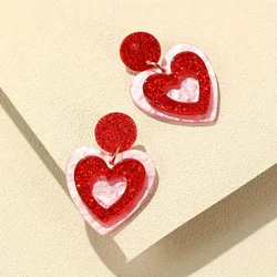 Chic Double-Layer Heart Dangle Earrings - Sparkling Acrylic  Perfect for Valentine's Day & Casual Attire