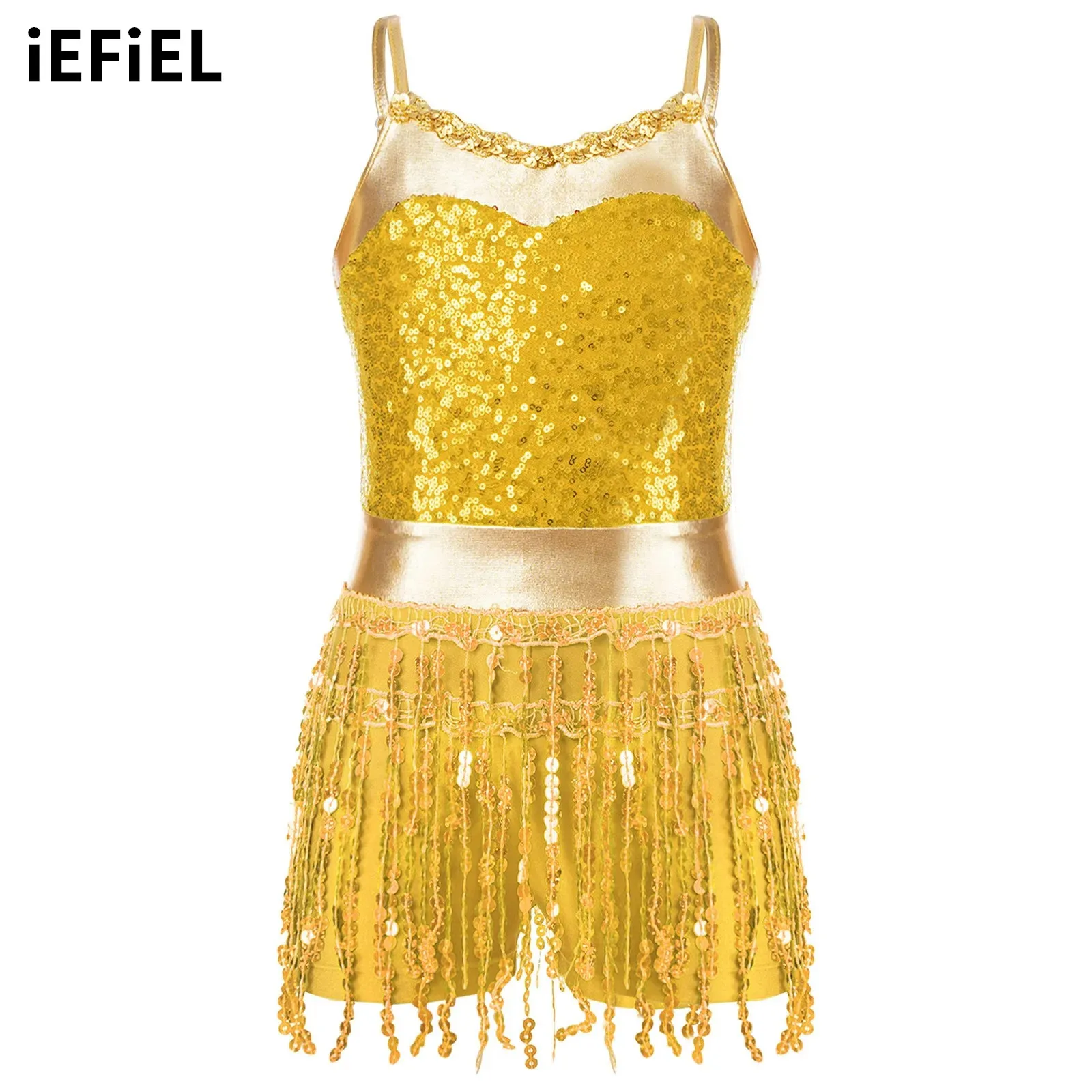 

Kids Girls Dance Jumpsuit Shiny Sequin Metallic Adjustable Straps Sequin Fringe Boyleg Bodysuit for Latin Samba