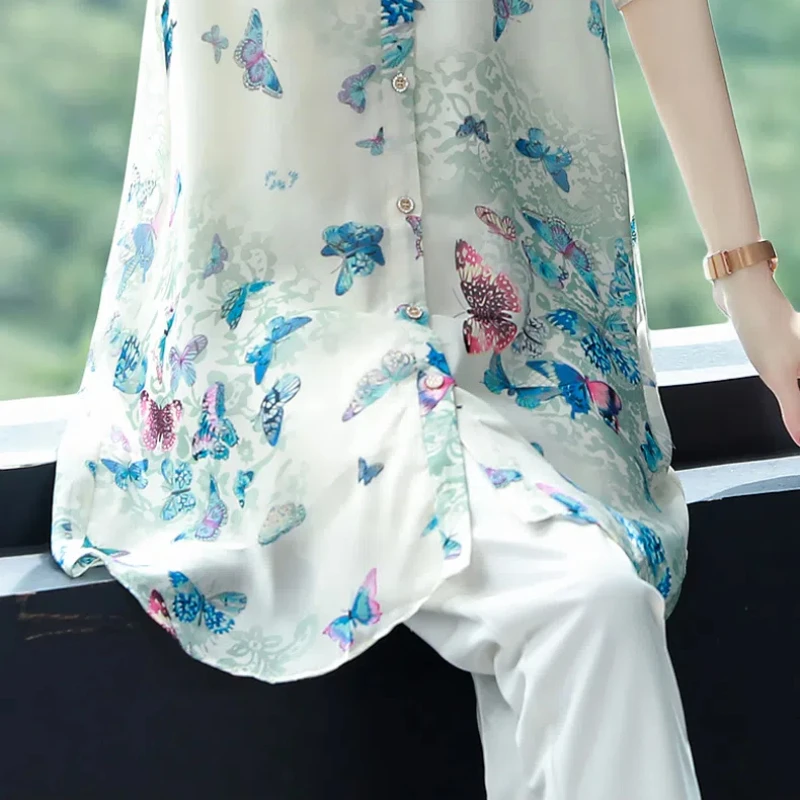 Temperament Fashion Summer New Women\'s POLO Collar Printing Single Breasted Casual Loose Mid-length 3/4 Sleeve Chiffon Shirt Top