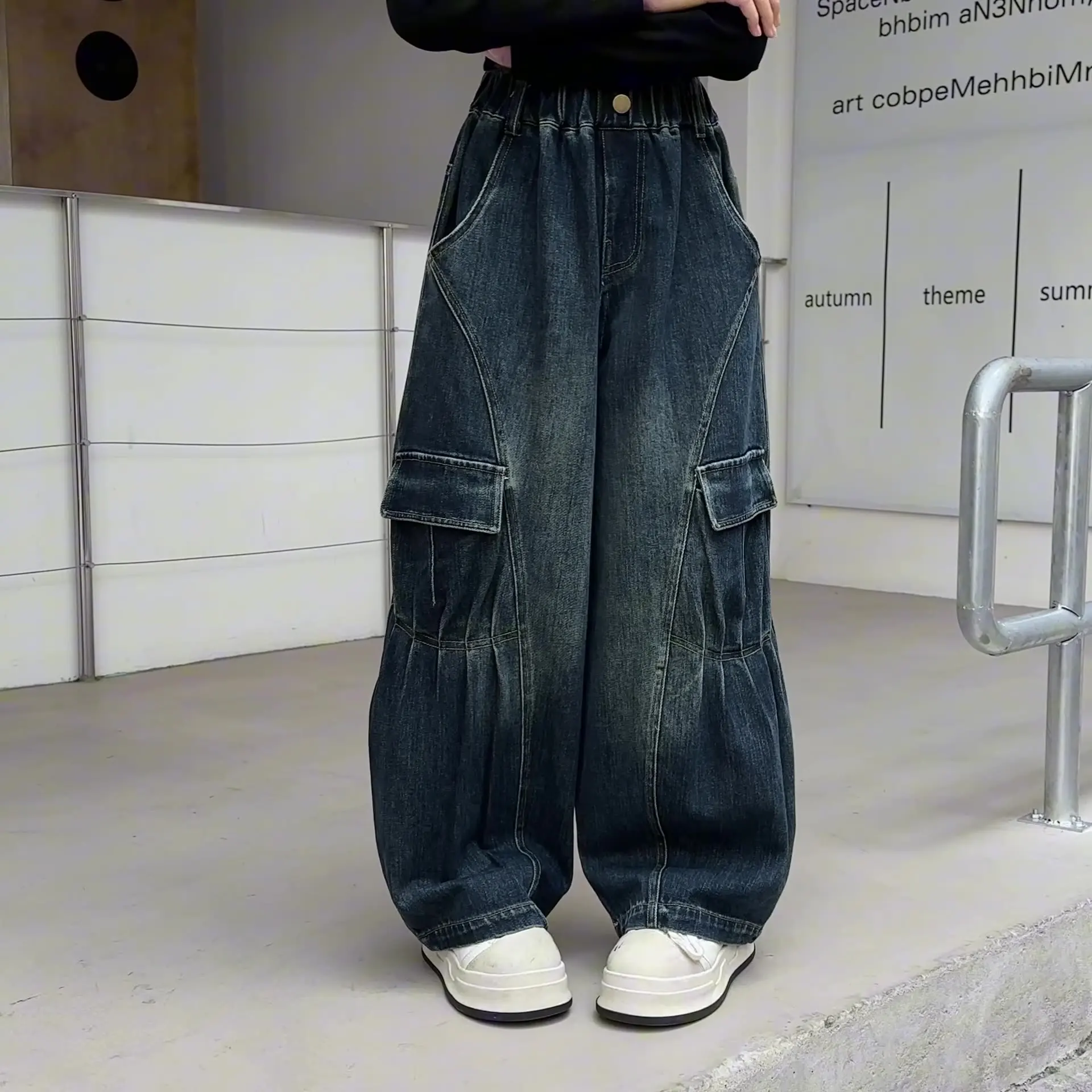 أطفال الخريف الجينز مع جيب للفتيات Y2K موضة شارع العليا الدنيم السراويل المراهقين الطفل فضفاض البضائع الجينز السراويل ﻿