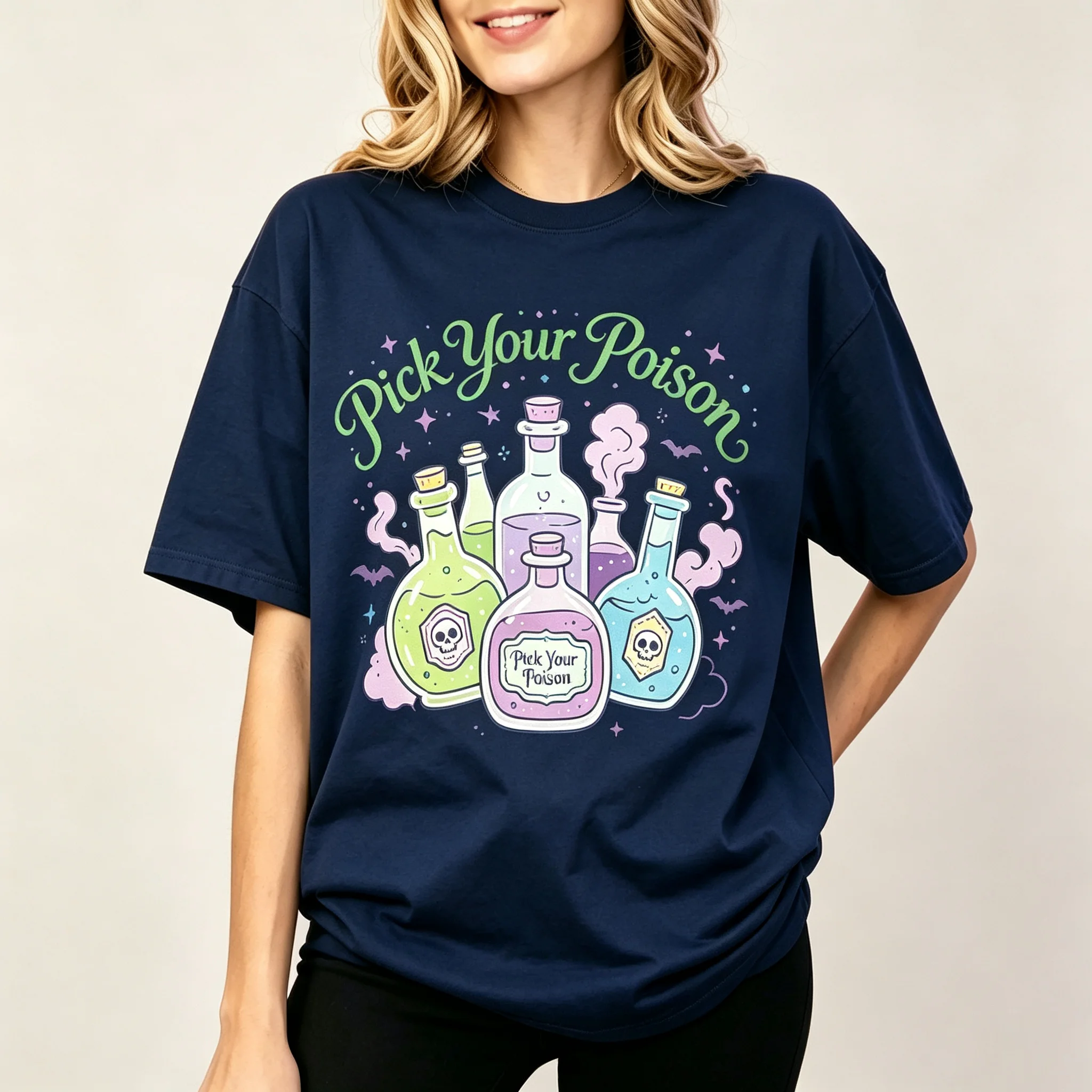 Women's Cute Witch Potion Bottles Graphic T-Shirt, Pastel Magic Jar Star Bat Fantasy Art Casual Short Sleeve Tee