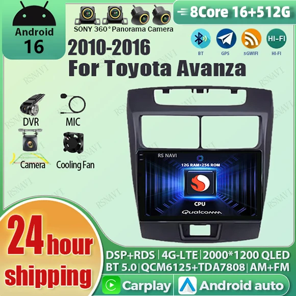 Radio para Auto Android 16 con Carplay, Pantalla QLED 2K Qualcomm, Reproductor para Toyota Avanza 2010-2016, GPS, Multimedia, Estéreo, DSP, BT, 4G, DVR