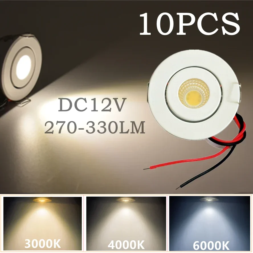 10/5PCS 12V Mini COB LED Downlight Ceiling Light Adjustable Drive Free Down Lights Showcase Cabinet Recessed Lighting White Body