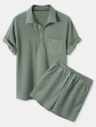 Men Outfit Set 2022 Autumn Men's Casual Loose Corduroy Short Sleeve Suit Shirt and Shorts 2 Sets Men's Clothing