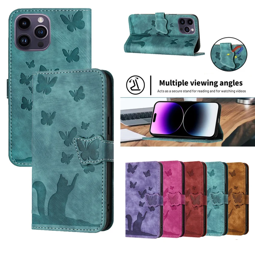 Skórzany portfel z klapką etui na Redmi Note 9 9A 9S 10 10S 12 13C 11 11S 12 13 4G 5G Pro 12S moda kot motyl okładka książki