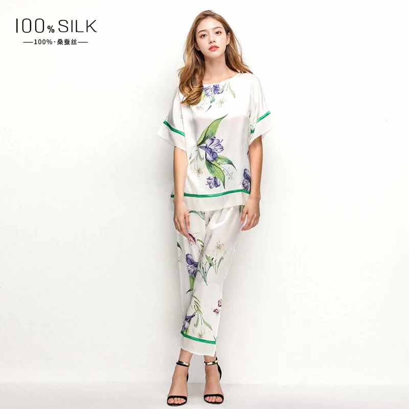 Women's French Style 100% Mulberry Silk Pajama Set Long Sleeve Shirt Pants Four Seasons Luxury Sleepwear Loungewear Gift