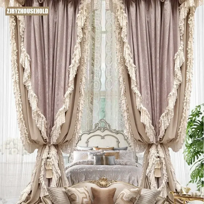 

Luxury High-end Curtains for Living Dining Room Bedroom French Court Style Retro Rococo Milk Tea Pink European Velvet American