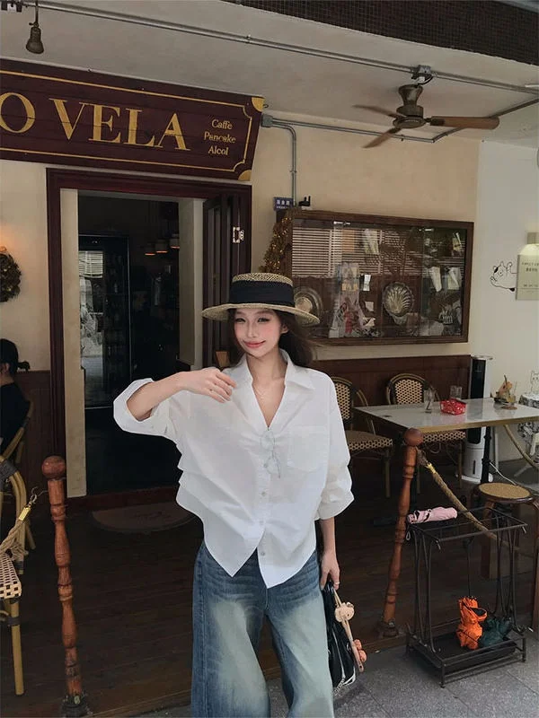 

Elegant White Long Sleeve Shirt Women's Early Spring Style Design Sensation Waist-Cinching Top Korean Version Commute Style