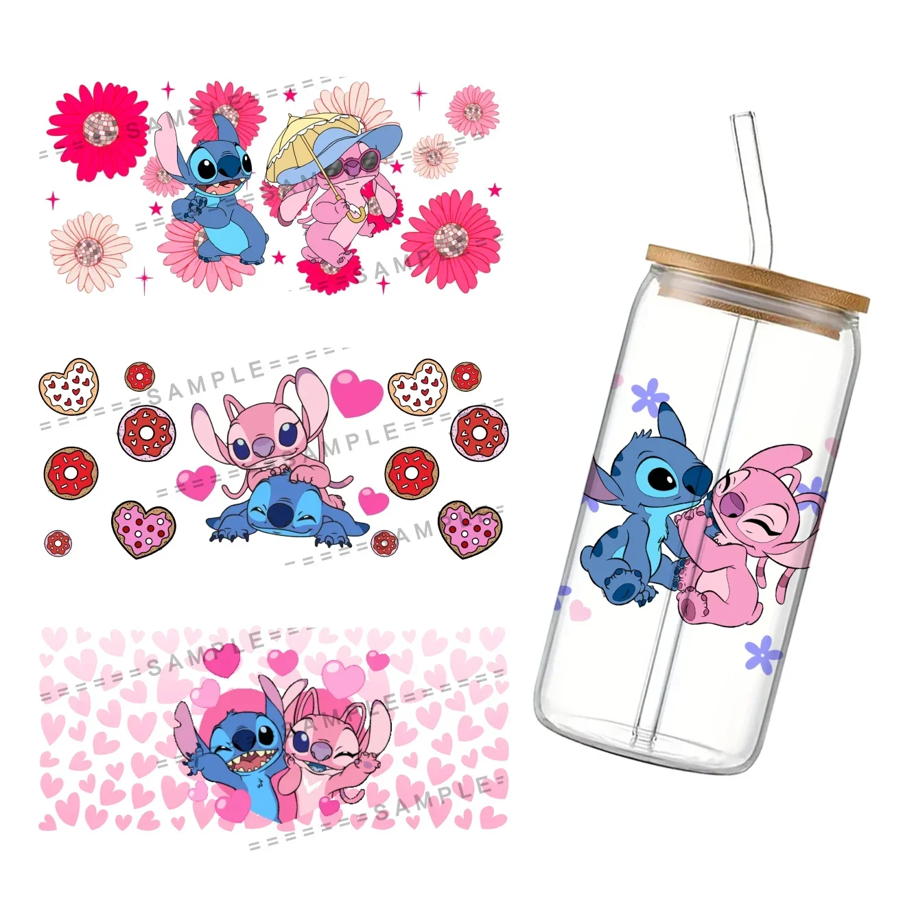

Disney Stitch Valentine's Day Theme For Libbey 16oz Can Glass UV DTF Coffee Can Wrap Libbey Glass Wrap