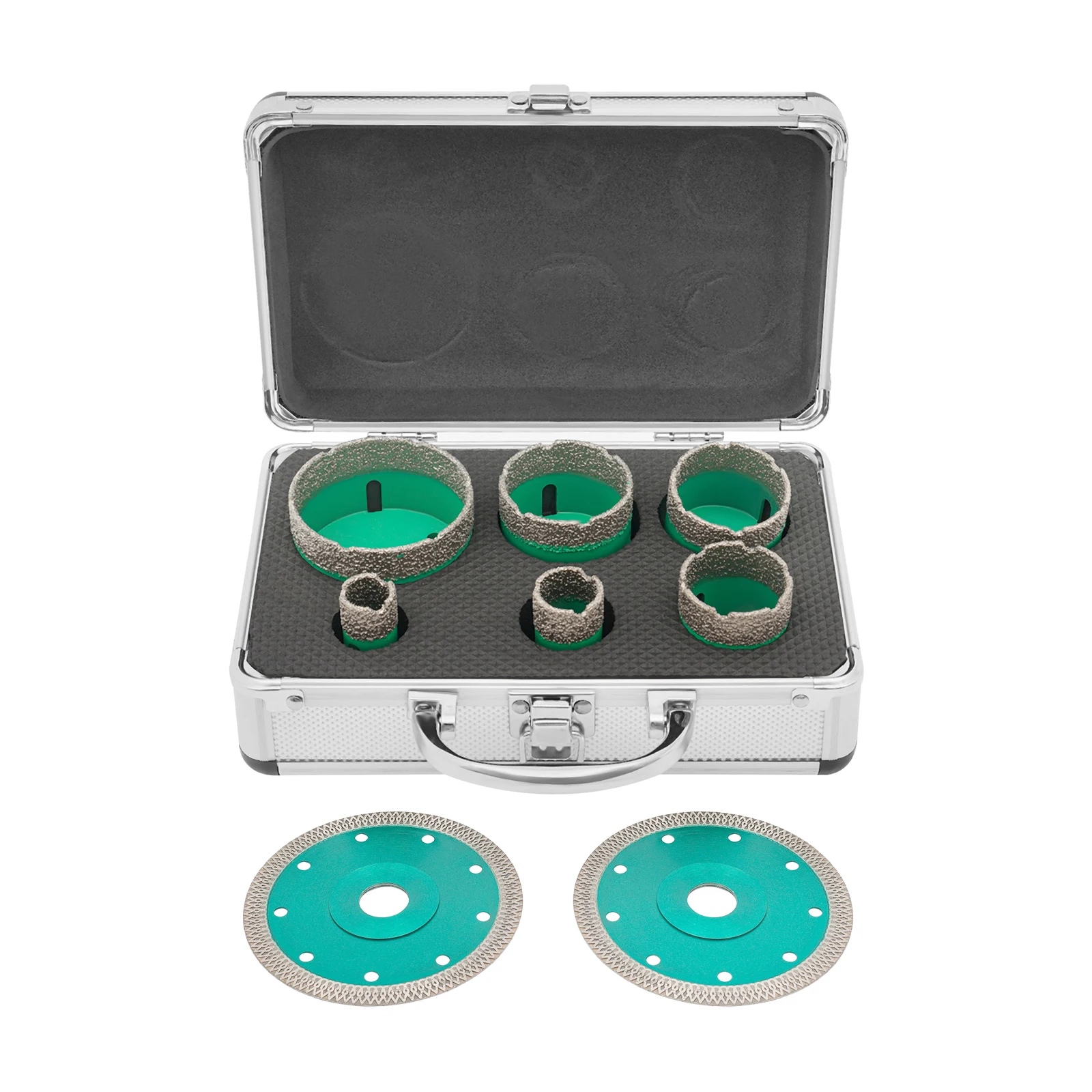 Diamantbohrer-Set, 6-teilig, grün + 2 Sägeblätter, M14-Gewinde-Lochsägen-Set für Fliesen, Keramik und Glas, 20–68 mm, mit Aufbewahrungsbox.