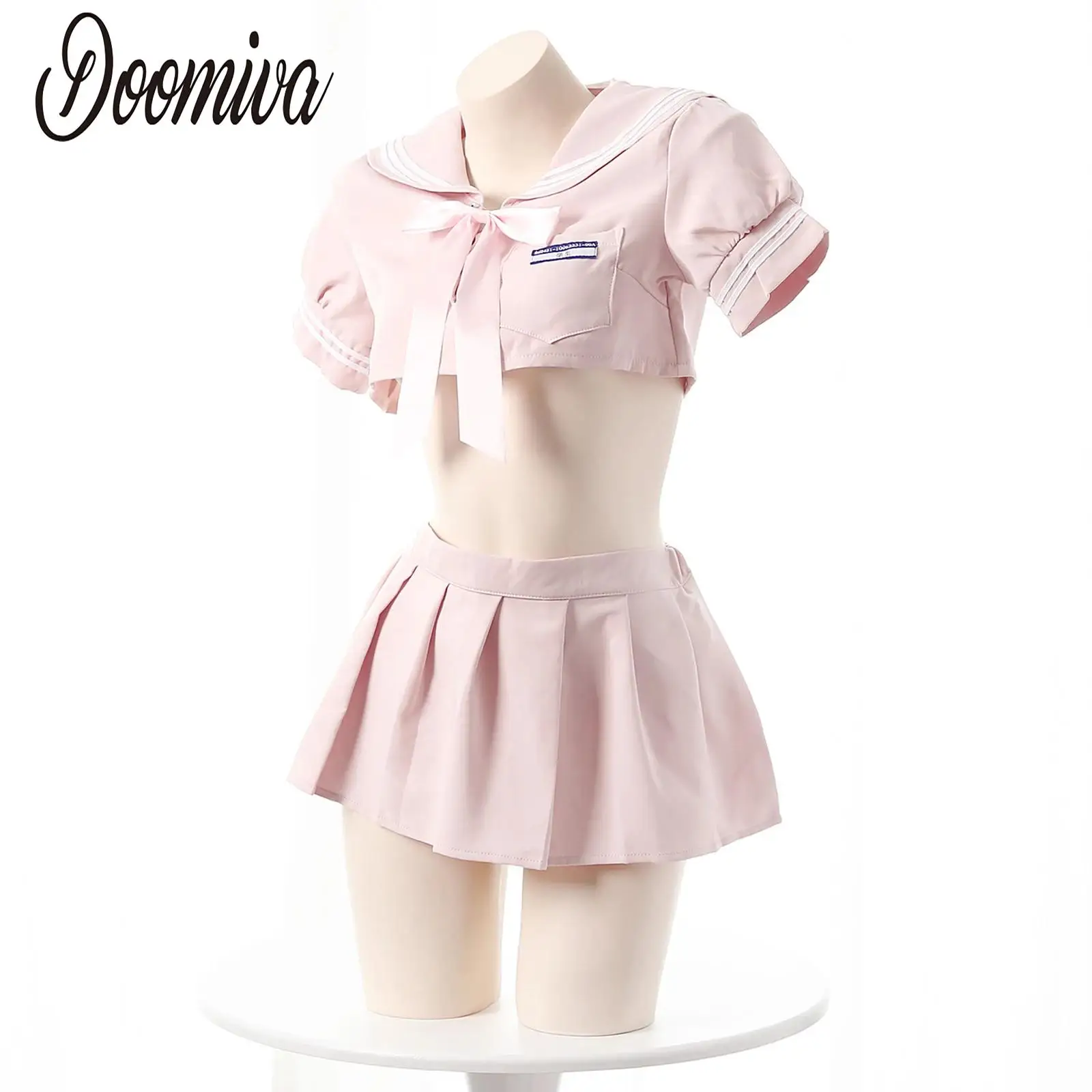 

Women JK Uniform Lingerie Set Schoolgirl Role Play Costume Mini Crop Top with Bow and Pleated Skirt Set for Carnival Them Party
