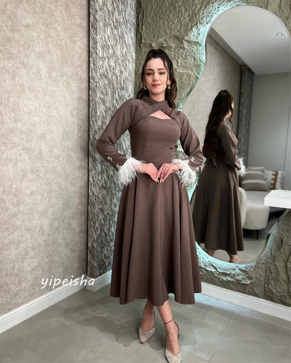 Customized Jersey Feathers Draped Criss-Cross Party A-line High Collar Bespoke Occasion Gown Midi Dresses