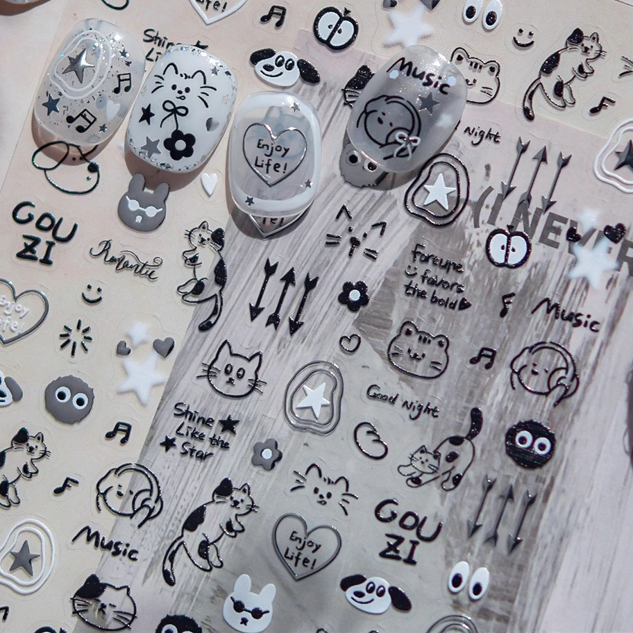 Dessin animé mignon Graffiti étoile pomme ours noir chat Note musique lettre une ligne lapin amour coeur Nail Art autocollants bricolage manucure décalcomanies