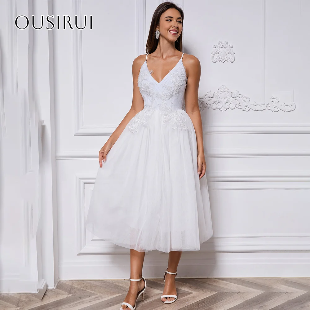 

Spaghetti Straps Appliques Short A-line Cocktail Dresses Tulle Tea Length Prom Gown for Girls Customized vestidos de novia