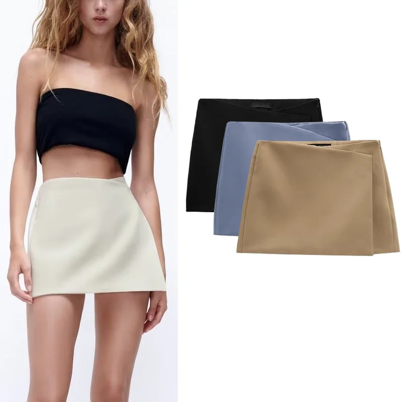 Spring New Women's High Waist Wide Leg A-Line orts Faion Casual Bla Asymmetric Skirt Pants Commute Sle Zipper Design