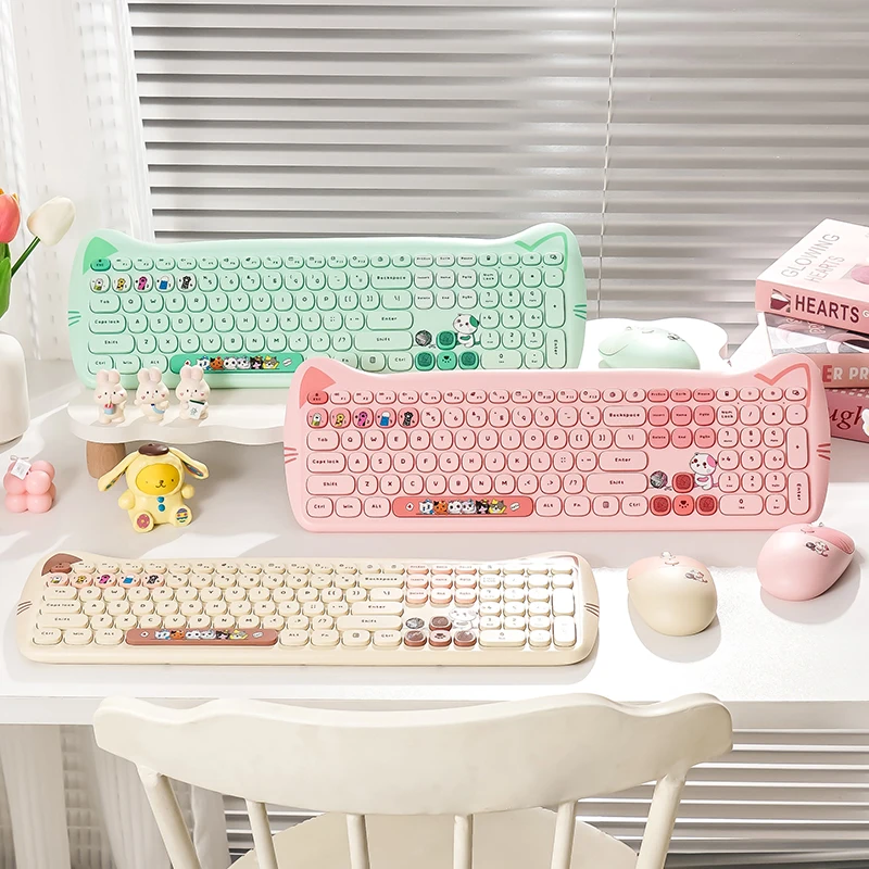GEEZER Cat Ear Retro Round Keycaps Wireless Silent Keyboard Mouse Combo, Cute Pink Cartoon Keyboard Set for Girls Office Laptop