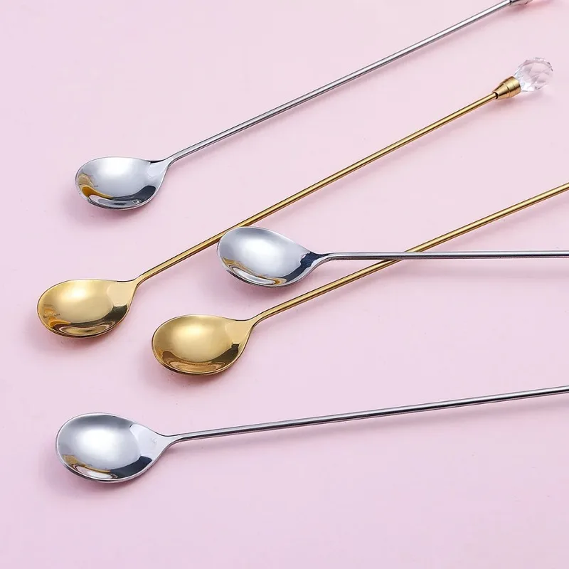 1pcs Diamond Ice Spoon Stainless Steel Long Stirring Spoon Exquisite Crystal Teaspoon for Ice Cream Dessert Coffee Cocktail Mug