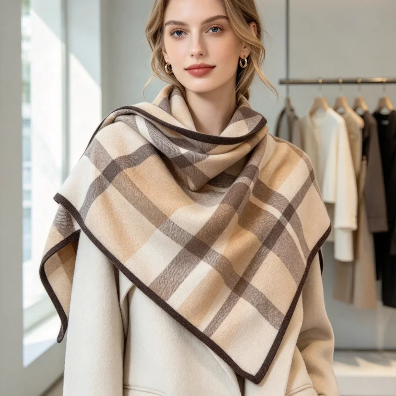 Women Wool Plaid Triangle Scarf, Vintage Checkered Knit Shawl, Bordered Neck Wrap, Fall Winter Warm Decorative Cape Scarf