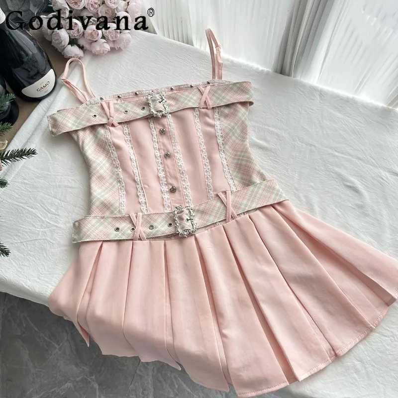 Abito da donna dolce e fresco stile puro desiderio primaverile a vita alta con linea a trapezio abito corto con cinturino rosa abito estivo femminile carino Lolita